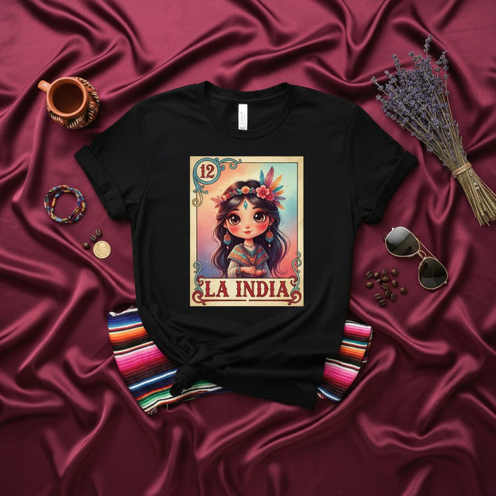 La India Lotería Camiseta, Arte de Juego de Bingo Mexicano, Diseño Cultural Tradicional, Camisa Gráfica Estilo Dibujo Número 12, Regalo Día de Muertos, Ropa Unisex