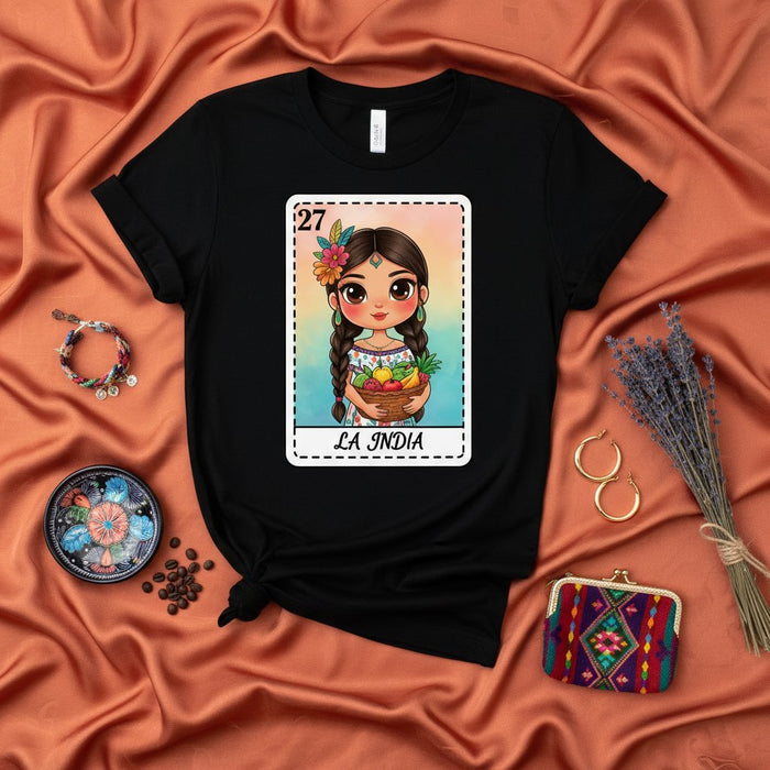 La India Camiseta Carta de Lotería, Número 27 La India, Linda Chica Latina con Cesta de Frutas, Regalo para Fanático del Bingo Mexicano, Ropa Unisex para Adultos
