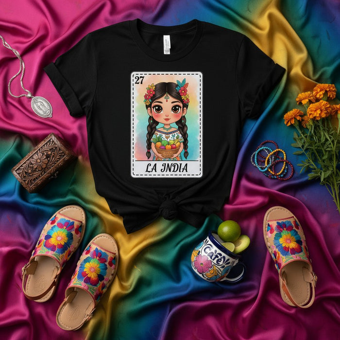 La India Camiseta Lotería: Camiseta Gráfica Chica Latina, Playera Arte Bingo Mexicano Tradicional, Ropa Casual Estilo Fiesta Unisex, Diseño Flores y Trenzas Coloridas