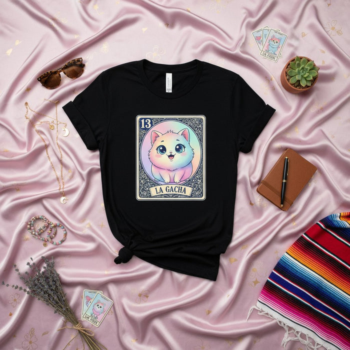 La GACHA Camiseta Unisex de Tarjeta de Lotería de Gato Lindo, Diseño de Juego de Bingo Mexicano Número 13, Gráfico de Mascota Kawaii para Él Ella