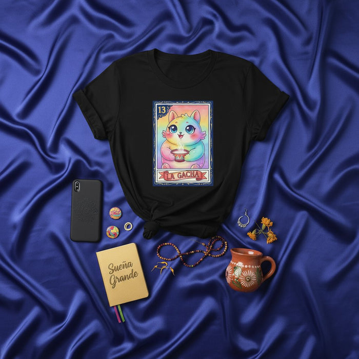 Camiseta Unisex de Juego Gato Arcoíris Kawaii - Diseño de Gatito Lindo Tarjeta de La Lotería, Estética de Arte de Juego Mexicano, Camisa Gráfica Estilo Anime Divertido, Idea de Regalo Pastel Dulce