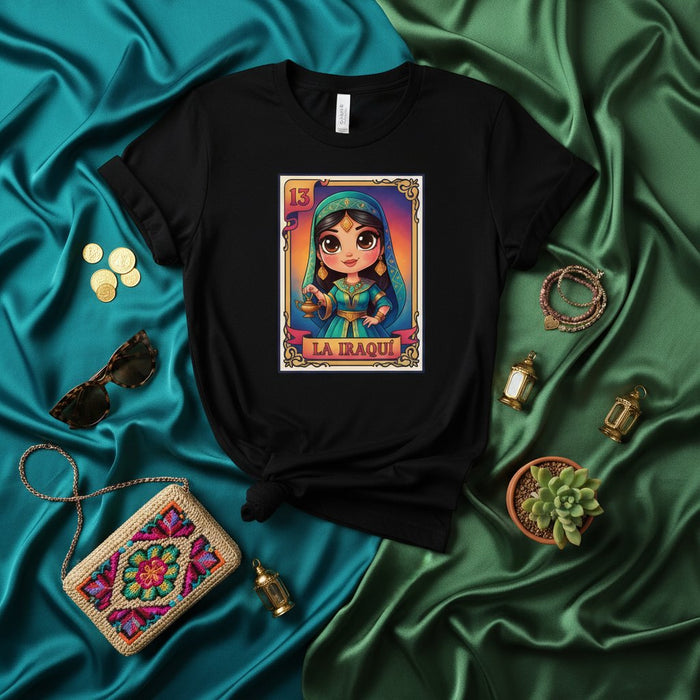 LA IRAQUÍ Camiseta de Lotería, Bonita Gráfica de Dibujos Animados de Mujer Iraquí, Diseño del Juego de Bingo Mexicano Número 13, Camiseta Negra Unisex, Idea de Regalo Cultural