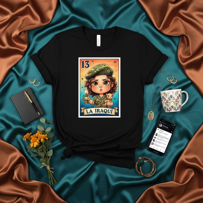 LA IRAQUÍ Loteria Card T-Shirt, Cute Cartoon Girl in Beret with Lamp and Teddy Bear, Unisex Graphic Tee, Number 13 Mexican Bingo Game Design, Unique Gift for Her