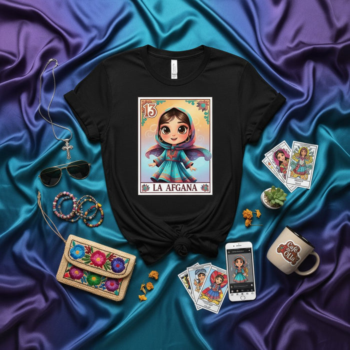 LA AFGANA Loteria Card T-Shirt: Afghan Girl Cute Cartoon Traditional Game Design, Unisex Graphic Tee, Cultural Heritage Apparel Gift