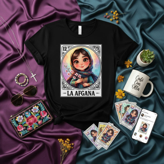 LA AFGANA La Lotería Card Afghan Girl T-Shirt, Cute Cartoon Kawaii Art, Mexican Bingo Game Inspired Tee, Hispanic Heritage Gift, Unisex Black Shirt