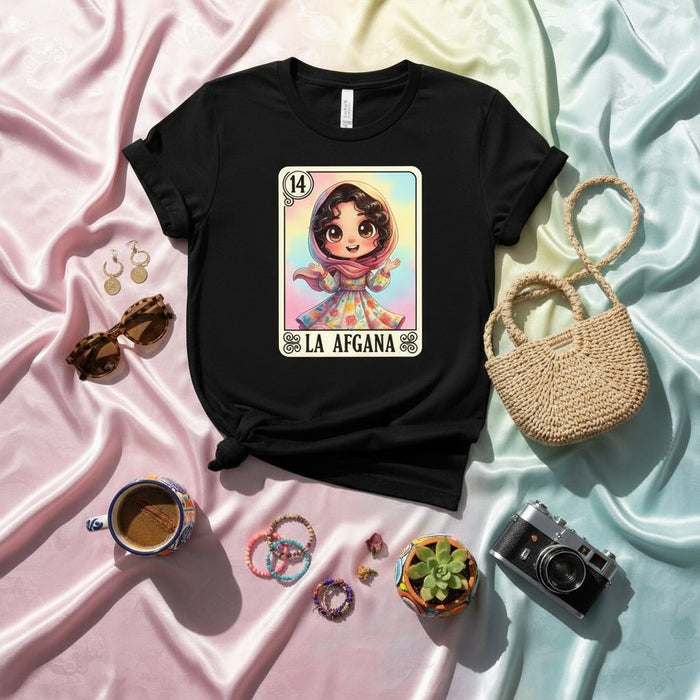 LA AFGANA La Lotería Card 14 Cute Chibi Art Women's Graphic T-Shirt Unisex Hispanic Culture Game Afghan Girl Design Tee Shirt Gift Idea