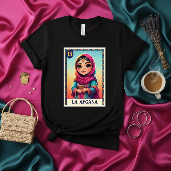 LA AFGANA Loteria Card T-Shirt, Afghan Girl Illustration Tee, Traditional Game Inspired Design, Number 13 Mexican Bingo Culture Shirt, Unisex Graphic Apparel