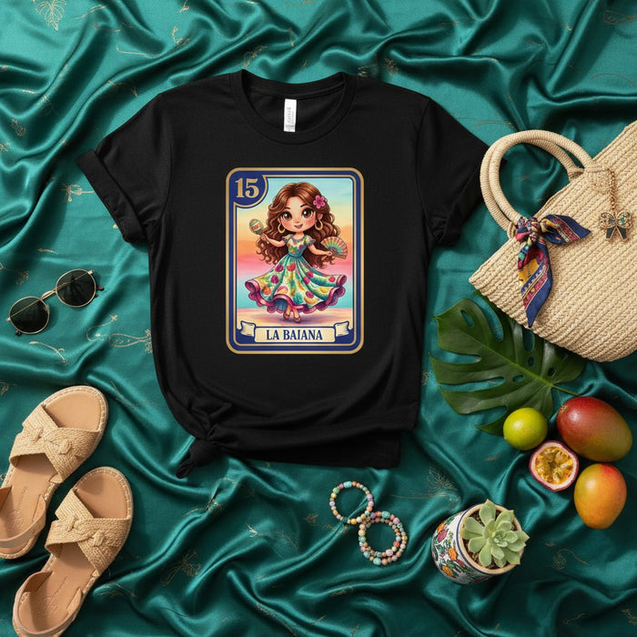 La playera de La Baiana de La Lotería carta 15 | Linda camiseta con diseño de chica brasileña | Camisa gráfica colorida para mujer | Top unisex inspirado en el juego tradicional mexicano