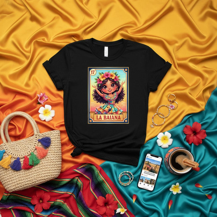 La Baiana Camiseta Gráfica de Carta Lotería Mexicana, Arte de Chica con Diadema Floral Linda Número 17, Camiseta Unisex Inspirada en Juego Tradicional, Idea de Regalo de Ropa Cultural para Mujeres y Hombres
