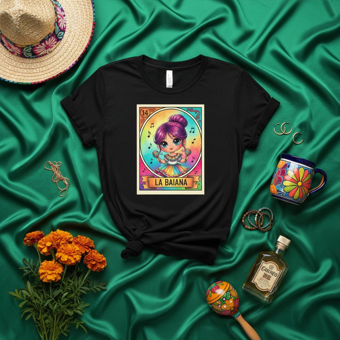 LA BAIANA Loteria Card T-Shirt Cute Chibi Girl Maracas Music Mexican Bingo Game Graphic Tee Unisex Shirt Gift Number 14