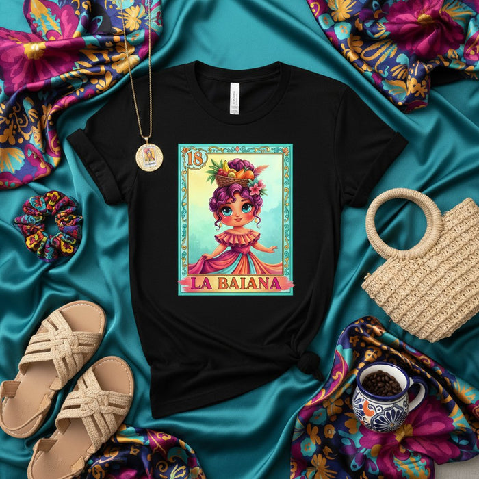Camiseta Carta Lotería LA BAIANA Chica Afro-Latina Linda con Cesta de Frutas en la Cabeza Gráfico Camiseta Negra Unisex Regalo Inspirado en Bingo Mexicano