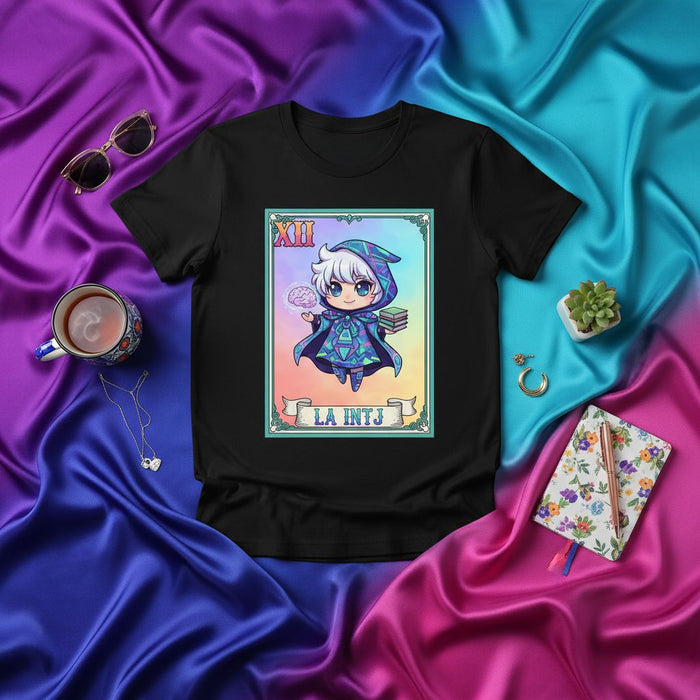 LA INTJ The Mastermind Tarot Card Style Unisex T-Shirt, Chibi Wizard Graphic Tee, Loteria Inspired Design, Cute INTJ Personality Merch, Colorful Aesthetic Apparel for Introverted Intuitive Thinkers