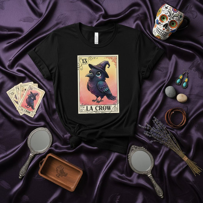 LA CROW Loteria Card T-Shirt, Cute Witchy Crow with Wizard Hat Graphic Tee, Number 13 Mexican Bingo Style Design, Spooky Bird Unisex Shirt