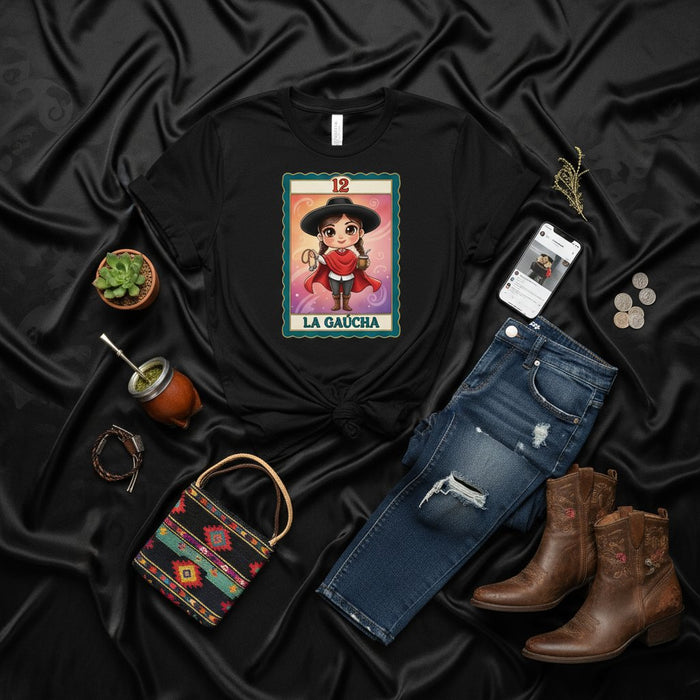 La Gaucha Lotería Camiseta, Lindo Diseño de Gaucha Argentina, Remera Gráfica Unisex, Arte de Juego Folklórico Sudamericano, Camisa Estilo Bingo Mexicano Tradicional Número 12