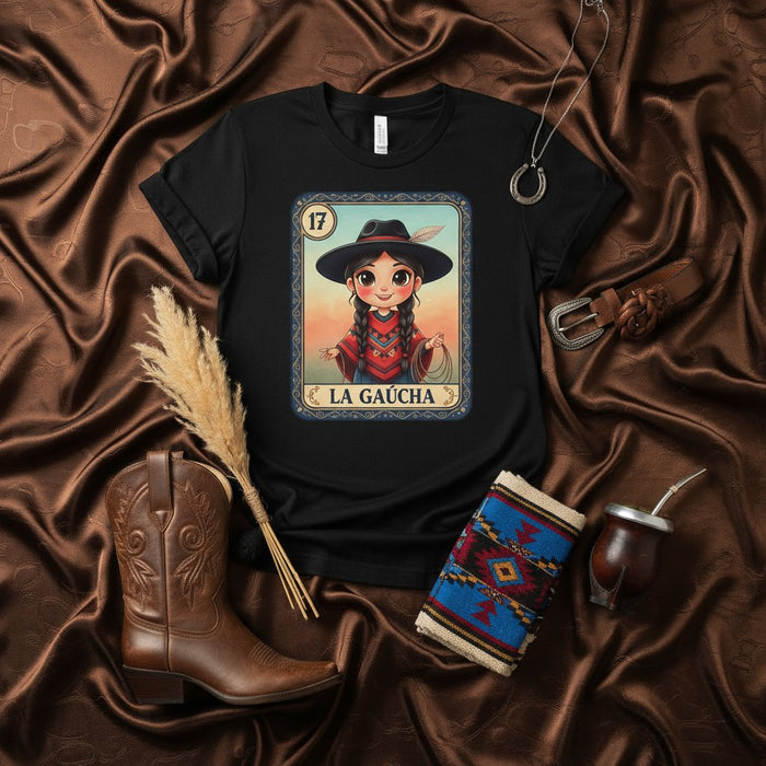 La Gaucha Linda Camiseta La Loteria Carta 17 Diseño de Juego de Bingo Mexicano Estilo de Arte Popular Tradicional para Mujeres y Niñas, Camiseta Inspirada en la Cultura Vaquera Sudamericana Idea de Regalo