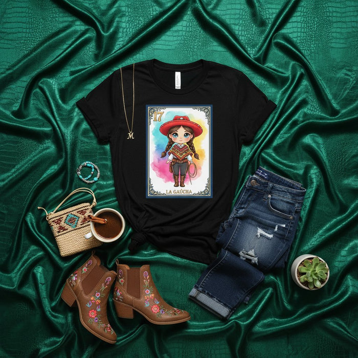 Carta de Lotería Mexicana LA GAUCHA 17 Niña Gaucho Vaquera Gráfico Negro Camiseta Regalo Unisex