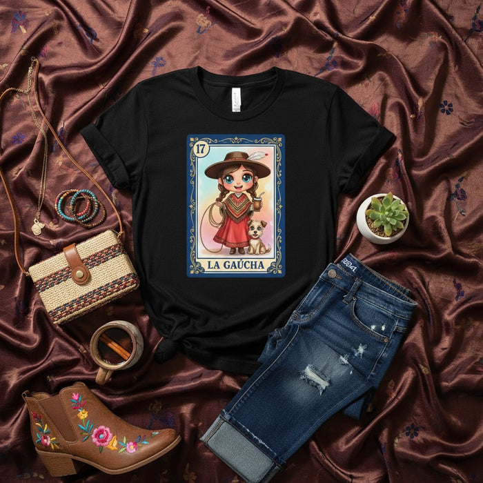 La GAUCHA Camiseta de Tarjeta de Lotería, Lindas Gráficas de Vaquera y Perro, Camisa Estilo Bingo Mexicano Número 17, Ropa Única de Arte Folklórico Latinx