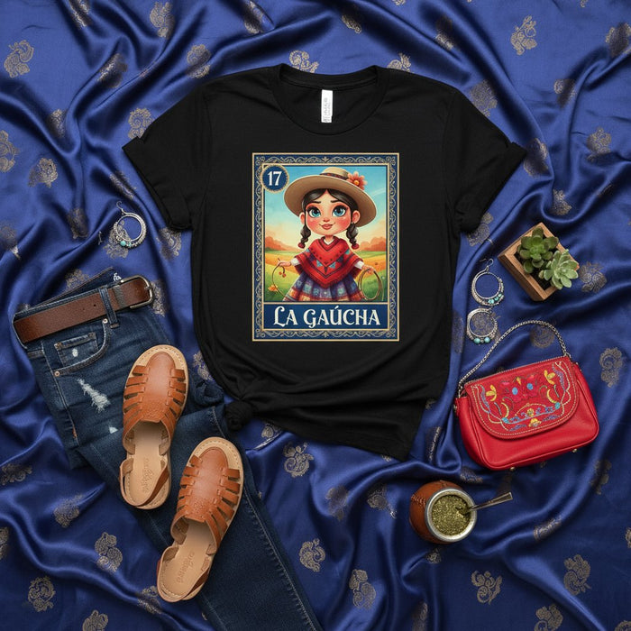 La Gaucha Lotería Carta 17 Camiseta, Diseño Tradicional de Vaquera Argentina, Estilo Arte Folclórico Sudamericano, Camiseta Unisex con Ilustración de Chica Campestre Linda, Regalo