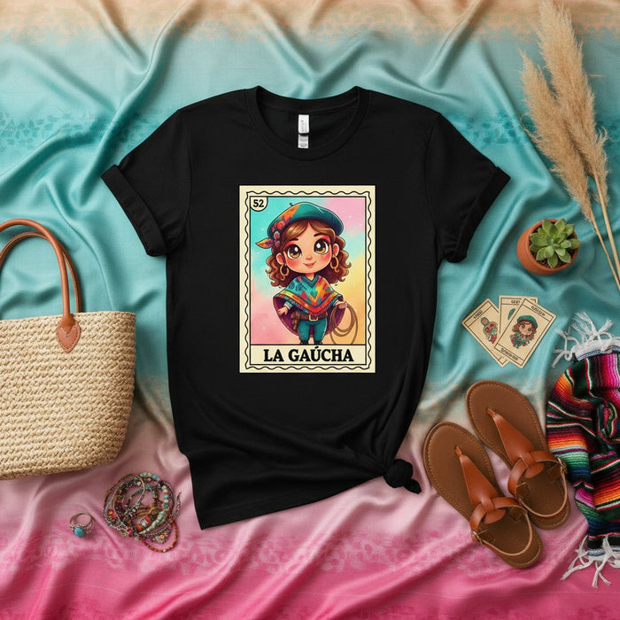 LA GAUCHA Loteria Card T-Shirt, Cute Cartoon Gaucho Girl Graphic Tee, Mexican Bingo Game Inspired, Unisex Short Sleeve Top, Unique Cultural Gift Idea, Colorful Boho Style Apparel