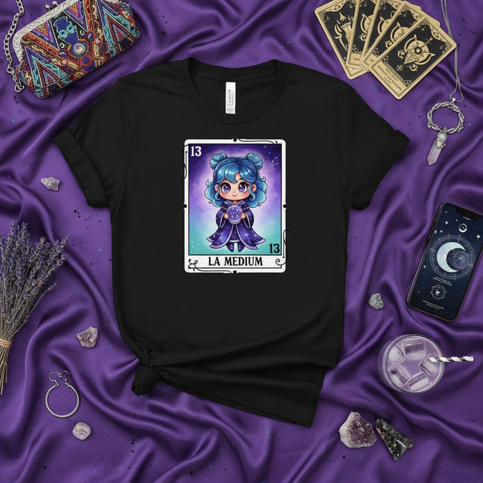 La médium linda chica anime La Lotería Carta 13 camiseta mística adivina diseño juego de tarot camiseta unisex negra