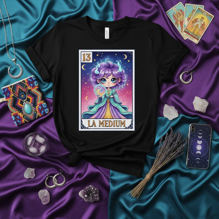LA MEDIUM Chibi Fortune Teller Lotería Card T-Shirt Cute Witchy Design Mystical Graphic Tee Unisex Apparel Gift for Psychic Reader