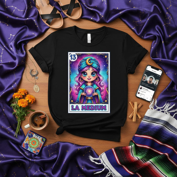 LA MEDIUM Cute Chibi Fortune Teller Loteria Card T-Shirt, Mystical Tarot Reader Design, Unisex Tee, Gift for Spiritual Friends and Psychic Lovers, Number 13 Art Print Apparel