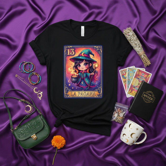 LA PAGANA 13 Witch Loteria Card T-Shirt, Cute Chibi Pagan Witchcraft Design, Mystical Magic Tarot Tee, Unisex Graphic Shirt for Wiccans and Spiritual Enthusiasts