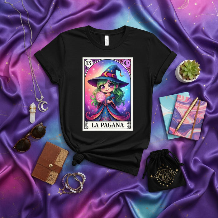 La Pagana Bruja Loteria Tarjeta Camiseta, Lindo Kawaii Diosa Camiseta, Ropa Estética de Halloween de Temporada Espeluznante, Camisa Gráfica Estrellas Luna Celestial, Idea de Regalo Unisex para Mujer Hombre
