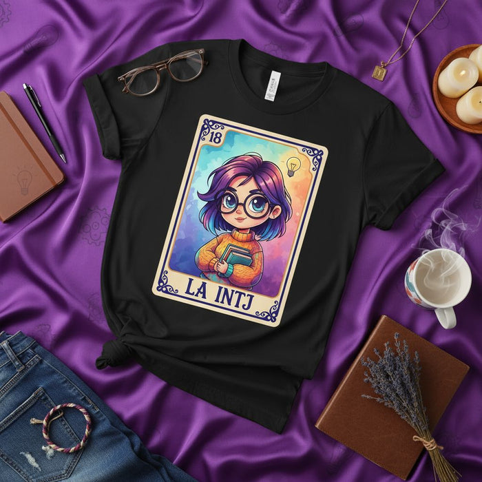 LA INTJ Lotería Card T-Shirt, Cute Anime Girl with Glasses and Books, INTJ Personality Tee, Myers-Briggs Type Inspired Gift, Mexican Bingo Style Graphic Shirt, Unisex Black Top, Purple Hair Character Aesthetic, Number 18 Design