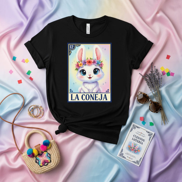 Conejo lindo conejito corona de flores La Loteria Camiseta, Arte de juego de lotería mexicano, Camisa gráfica unisex, Diseño animal Kawaii en colores pastel, Número 12