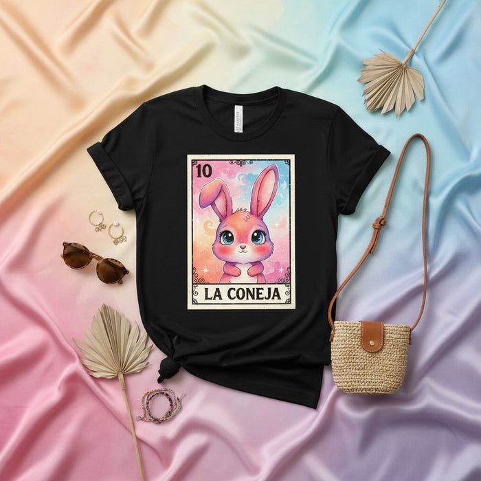 La Coneja Tarjeta de Lotería Camiseta, Lindo Conejito Rosa Acuarela Gráfico, Ilustración Juego Bingo Mexicano, Camisa Negra Unisex, Diseño Número 10