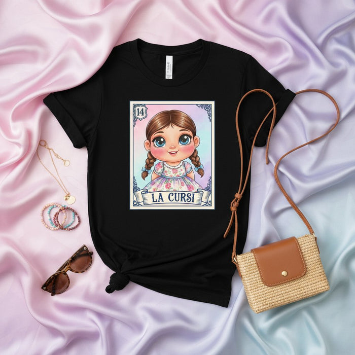 La Cursi Linda Camiseta Chibi Niña Loteria Tarjeta Estilo Bingo Mexicano Estampado Gráfico Diseño de Personaje Adorable Número 14