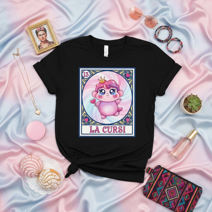 LA CURSI Camiseta Carta Lotería, Linda Criatura Rosa Esponjosa Corona Corazón, Camiseta Juego Bingo Mexicano Estética Kawaii, Regalo Camiseta Unisex