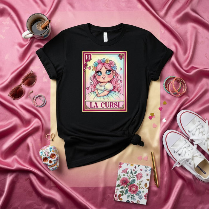 La Cursi Loteria Tarjeta Camiseta, Lindo Kawaii Chica Pelo Rosa Gráfico, Camisa Inspirada en Lotería Mexicana, Número 14