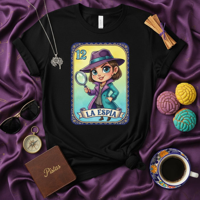 La tarjeta de lotería de detective investigadora espía La Espía, diseño de camiseta unisex, regalo para mujeres, arte de juego de cultura mexicana latina