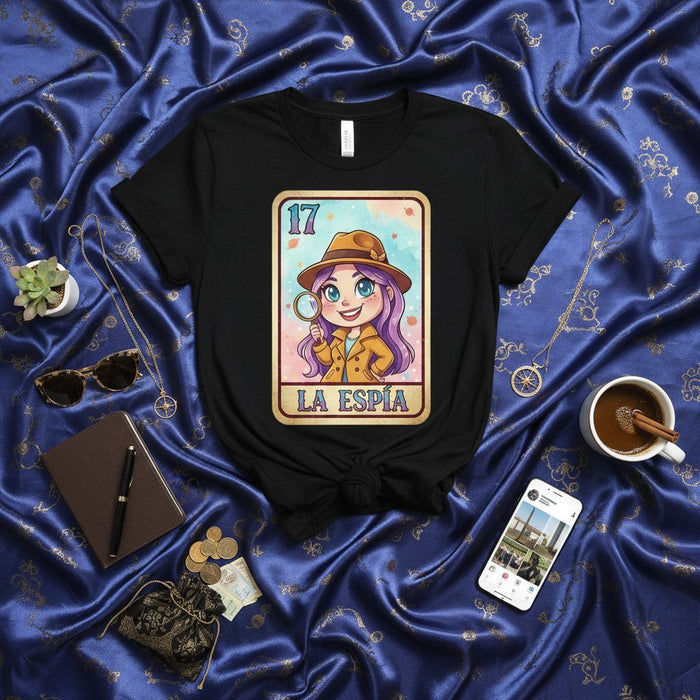 LA ESPÍA Detective Spy Girl Loteria Card T-Shirt, Unisex Tee with Fun Mexican Bingo Game Inspired Design, Cute Secret Agent Character Shirt, Number 17 El Espia The Spy