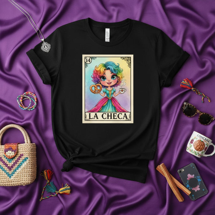 Camiseta Lotería Pelo Arcoíris LA CHECA Chica de Dibujos Animados con Pretzel y Café Diseño Juego Bingo Mexicano Regalo Unisex