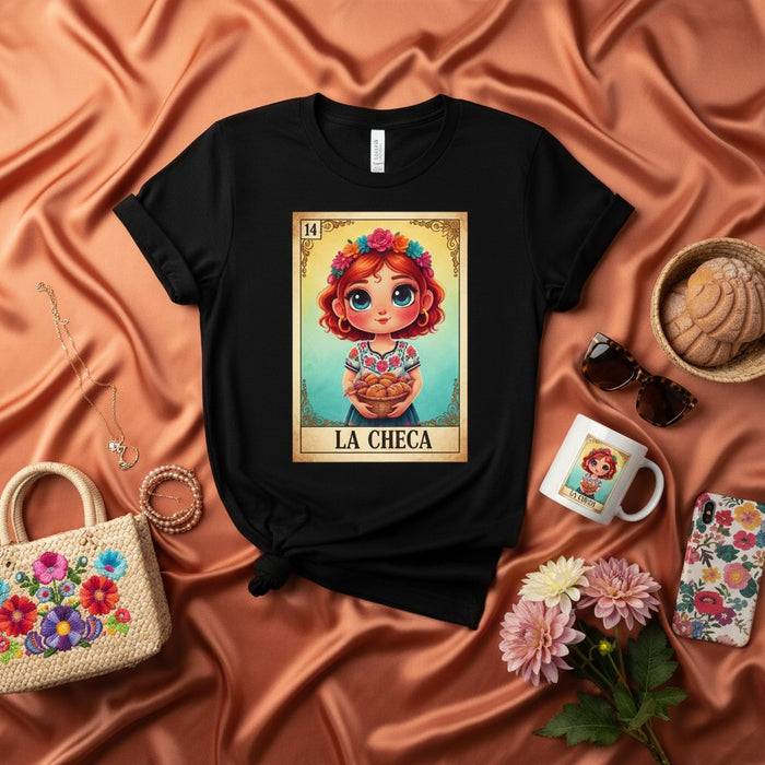 La Checa Tarjeta de Lotería Mexicana Camiseta Gráfica, Chica de Dibujos Animados con Pan de Concha, Arte de Juego Tradicional, Camiseta Unisex, Regalo para Amantes de la Cultura Hispana