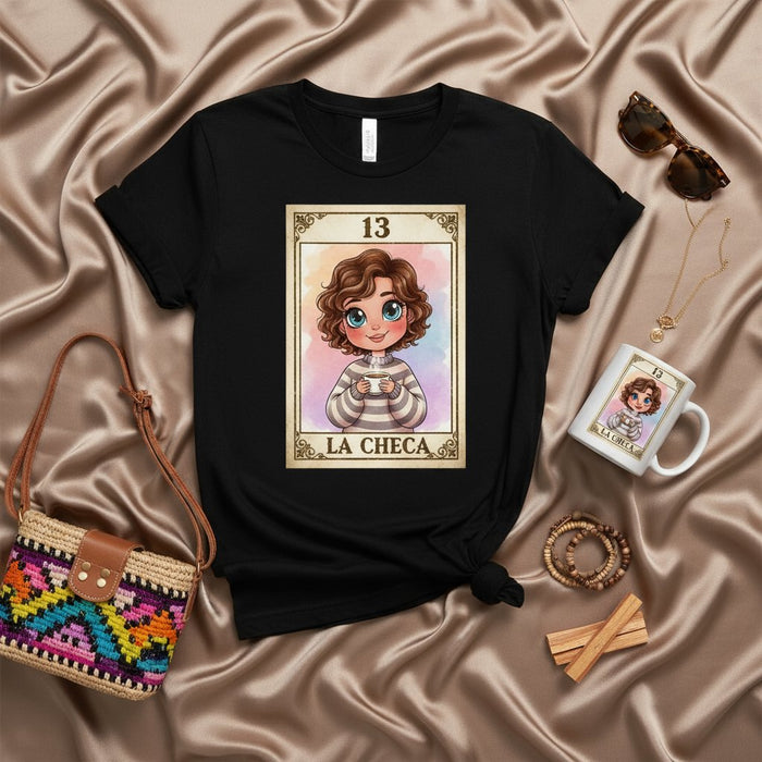 La Checa Lotería Tarjeta Linda Niña Camiseta Unisex, Diseño Inspirado en el Juego de Bingo Mexicano, Top de Personaje Kawaii, Camisa Gráfica de Arte Número 13
