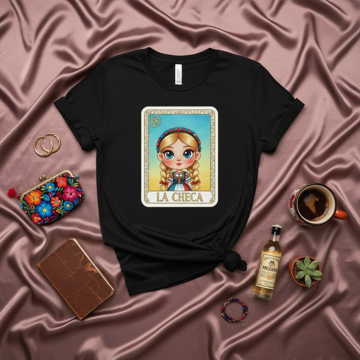 La CHECA La Lotería Tarjeta 18 Camiseta Gráfica | Linda Chica Rubia Vestido Tradicional Camiseta | Arte Juego Bingo Mexicano Camisa Unisex Regalo