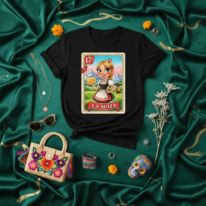 La Suiza La Lotería Tarjeta 17 Chica Suiza Diseño de Campana Camiseta Unisex Gráfica Divertida Arte de Juego Mexicano Regalo para Ella Él Amigo Cumpleaños