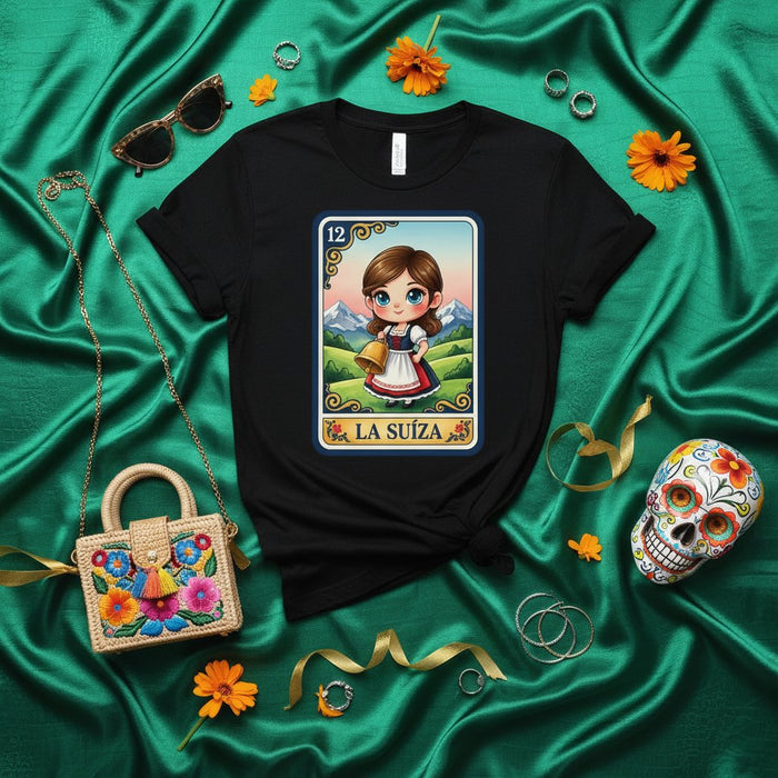Jolie T-Shirt Carte Loterie Fille Suisse, T-shirt graphique inspiré du jeu La Suerte Kawaii, Chemise à manches courtes folklorique de Vierge Suisse, Haut unisexe Art de Jeu Cinco de Mayo