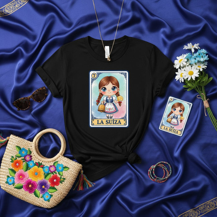 La SUIZA Linda Chica Suiza Lotería Tarjeta Camiseta Unisex Diseño Juego Bingo Mexicano Gráfico