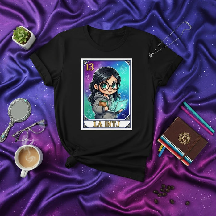 LA INTJ Lotería Card T-Shirt, Cute Intellectual Woman with Laptop, MBTI Personality Type, Mexican Game Style Unisex Tee, INTJ Gift Idea