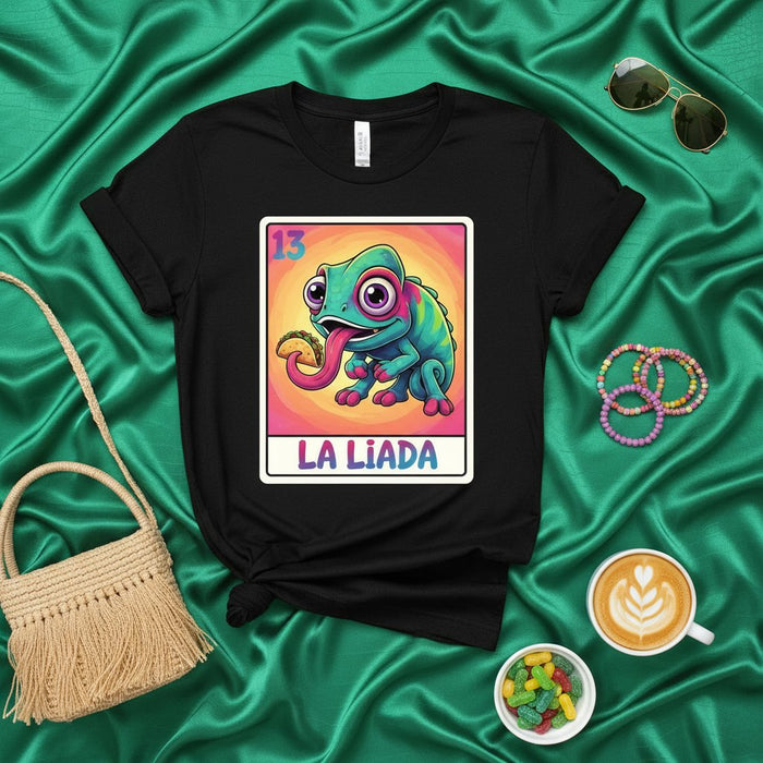 Tarjeta de Lotería de Camaleón de LA LIADA con Lengua de Taco, Camiseta Gráfica Unisex, Regalo para Amantes de la Cultura Mexicana y el Juego