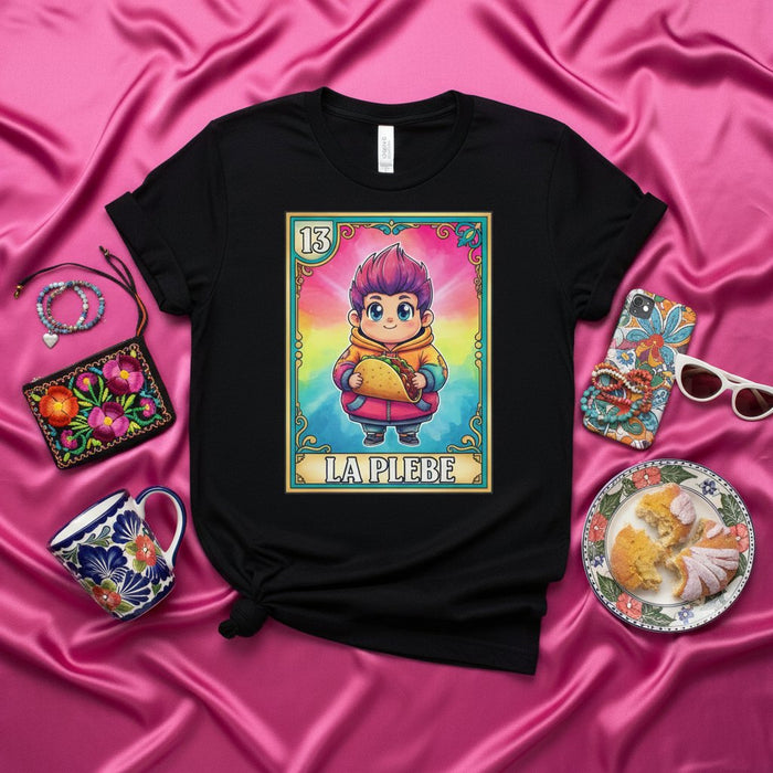 La Plebe Camiseta de Carta de Lotería Lindo Niño de Dibujos Animados con Taco Cultura Mexicana Diseño de Juego Camiseta Negra Unisex Regalo para Amantes de los Tacos y Jugadores