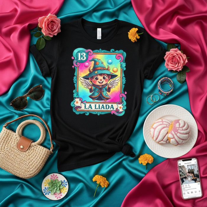 La LIADA Camiseta Carta de Lotería, Bonita Brujita con Alas Diseño Mágico Número 13, Idea de Regalo Camiseta Negra Unisex para Fans de la Magia