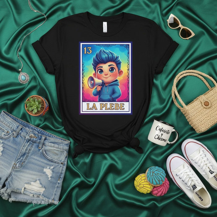 La Plebe Camisa de Tarjeta de Lotería Mexicana, Niño de Pelo Azul con Megáfono, Número 13, Camiseta Gráfica Divertida, Regalo de Cultura Hispana Unisex, Manga Corta