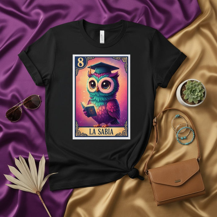 LA SABIA Wise Owl Graduation Loteria Card T-Shirt, Unisex Black Tee, Cute Colorful Cartoon Animal Graphic, Educational Theme Gift for Student, Teacher, Scholar, School, Number 8 Card