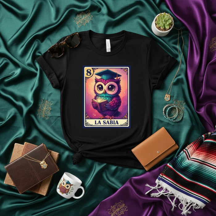 Búho Sabio Camiseta de la Lotería, Camiseta de Estudiante Graduado Sabio, Camisa Gráfica Estilo Bingo Mexicano, Diseño Número 8, Regalo Unisex para Maestros